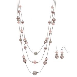 Pink Simulated Pearl Multi Strand Necklace & Drop Earring Set