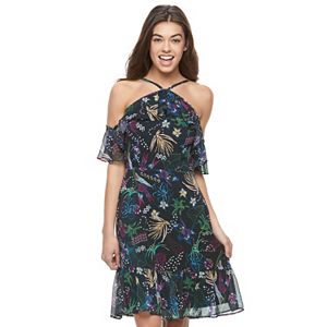 Juniors' Jolie Vie Floral Cold Shoulder Halter Dress