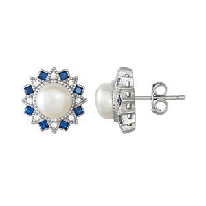 Sterling Silver Freshwater Cultured Pearl & Lab-Created Blue Spinel Stud Earrings