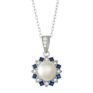 Sterling Silver Freshwater Cultured Pearl & Lab-Created Blue Spinel Flower Pendant