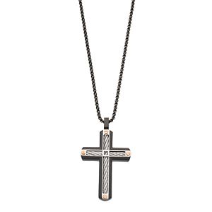 LYNX Men's Tri Tone Stainless Steel Cable Cross Pendant Necklace