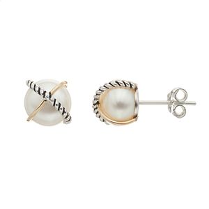 14k Gold & Sterling Silver Freshwater Cultured Pearl X Stud Earrings