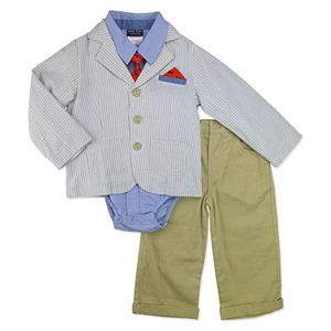 Baby Boy Baby Boyz Button-Front Bodysuit, Striped Blazer, Cuffed Pants & Tie Set