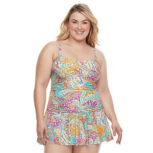 Plus Size Chaps Tummy Slimmer Paisley Bandeau Swimdress