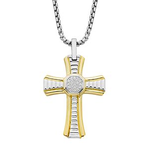 Two Tone Sterling Silver 1/10 Carat T.W. Diamond Cross Pendant Necklace