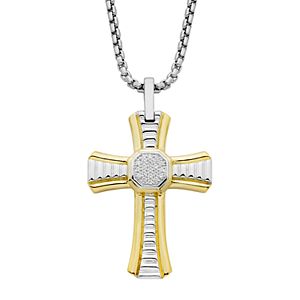 Two Tone Sterling Silver 1/10 Carat T.W. Diamond Cross Pendant Necklace