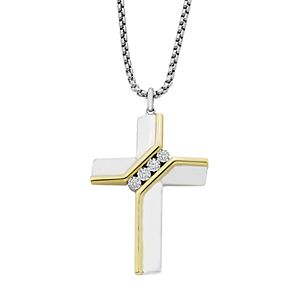 Two Tone Sterling Silver 1/10 Carat T.W. Diamond 4-Stone Cross Pendant