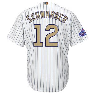 Men's Majestic Chicago Cubs Kyle Schwarber 2016 World Series Champions Gold Program Cool Base Replica Jersey