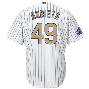 Men's Majestic Chicago Cubs Jake Arrieta 2016 World Series Champions Gold Program Cool Base Replica Jersey