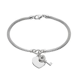 Sterling Silver Cubic Zirconia Key & Heart Charm Mesh Bracelet