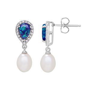 Sterling Silver Freshwater Cultured Pearl & Lab-Created Opal Drop Earrings