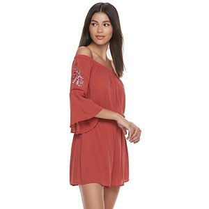 Juniors' Love Fire Embroidered Off-the-Shoulder Romper