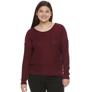 Juniors' Plus Size SO® Cross Back Crewneck Sweater