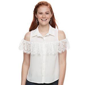 Juniors' Love, Fire Lace Ruffle Cold-Shoulder Blouse