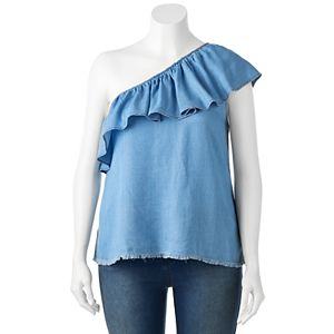 Juniors' Plus Size HeartSoul Chambray One Shoulder Top