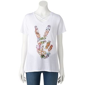 Juniors' Floral Peace Crisscross Graphic Tee