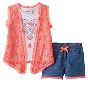Toddler Girl Little Lass Tassel Tank Top, Lace Vest & Printed Shorts Set