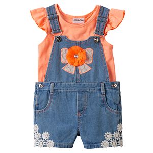 Toddler Girl Little Lass Flutter Tee & Bow Embellished Denim Shortalls Set