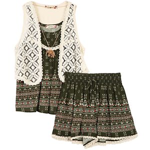 Girls 7-16 Speechless Crochet Vest, Printed Tank Top & Shorts Set with Necklace