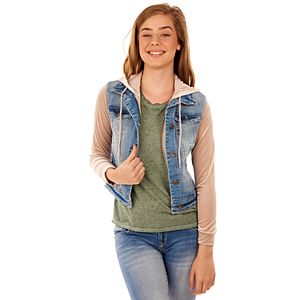 Juniors' Wallflower Velvet Sleeve Denim Jacket