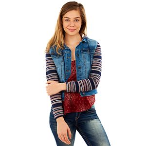 Juniors' Wallflower Striped-Sleeve Denim Jacket