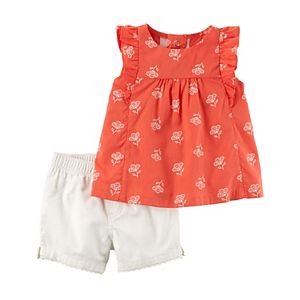 Baby Girl Carter's Coral Flower Crinkle Tank Top & Twill Shorts Set