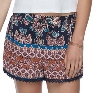 Juniors' About A Girl Printed Crochet Trim Shorts