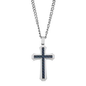 Men's Stainless Steel & Carbon Fiber Cross Pendant Necklace