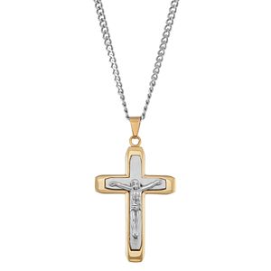 Men's Two Tone Stainless Steel Crucifix Pendant Necklace