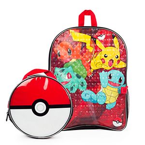 Kids Pokemon Pikachu, Charmander, Bulbasaur & Squirtle Backpack & Poke Ball Lunch Box Set