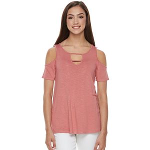 Juniors' Pink Republic Strappy Cold-Shoulder Tee