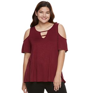 Juniors' Plus Size Pink Republic Strappy Cold-Shoulder Tee