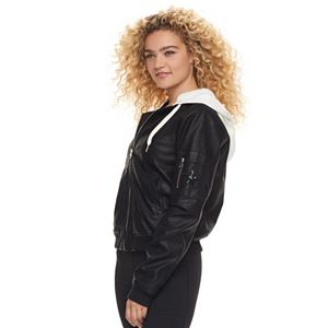 madden NYC Juniors' Hooded Faux Leather Bomber Jacket