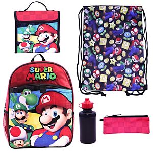 Kids Super Mario Luigi, Mario & Toad Backpack, Lunch Bag, Cinch Sack, Zip Pouch & Water Bottle Set