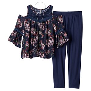 Girls 7-16 & Plus Size Knitworks Cold Shoulder Crochet Chiffon Top & Leggings Set with Necklace