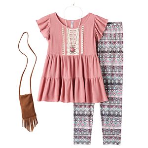 Girls 7-16 & Plus Size Knitworks Ruffle Tunic & Patterned Leggings Set with Necklace & Crossbody Purse