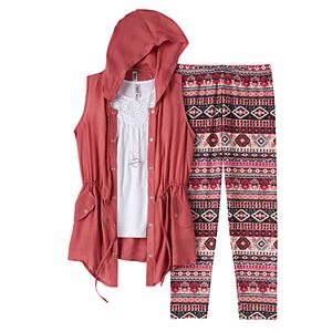 Girls 7-16 & Plus Size Knitworks Anorak Vest, Tank Top & Patterned Leggings Set with Necklace