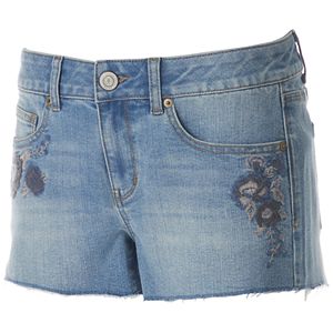 Juniors' SO® Floral Embroidered Jean Shortie Shorts
