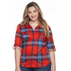 Plus Size French Laundry Plaid Roll-Tab Button-Down Shirt