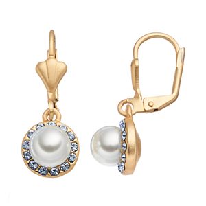 14k Gold Plated Simulated Pearl & Crystal Halo Drop Earrings