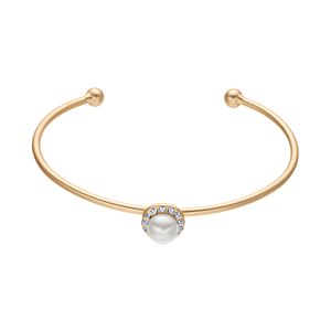 14k Gold Plated Simulated Pearl & Crystal Halo Cuff Bracelet