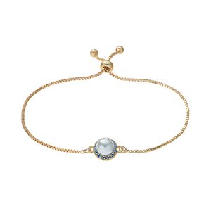 14k Gold Plated Simulated Pearl & Crystal Halo Bolo Bracelet
