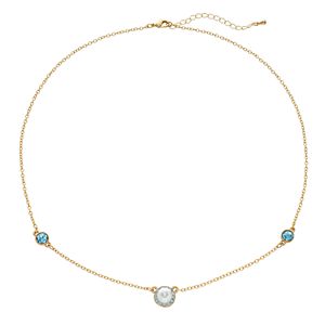 14k Gold Plated Simulated Pearl & Crystal Halo Station Necklace
