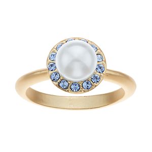 14k Gold Plated Simulated Pearl & Crystal Halo Ring