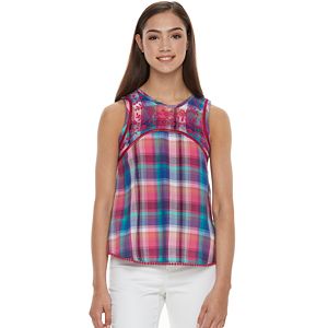 Juniors' SO® Embroidered Pom-Pom Hem Tank