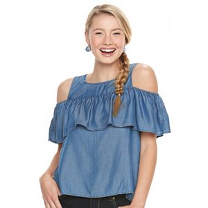 Juniors' SO® Ruffle Cold-Shoulder Chambray Top