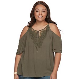 Juniors' Plus Size IZ Byer California Crochet Cold Shoulder Top