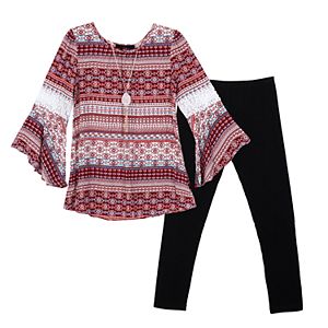 Girls 7-16 IZ Amy Byer Bell Sleeve Printed Tunic & Leggings Set with Necklace