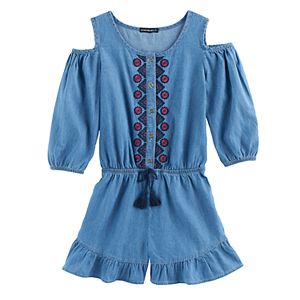 Girls 7-16 My Michelle Embroidered Chambray Cold Shoulder Romper
