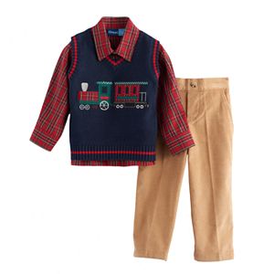 Baby Boy Great Guy Embroidered Train Navy  Vest, Plaid Shirt & Corduroy Pants Set